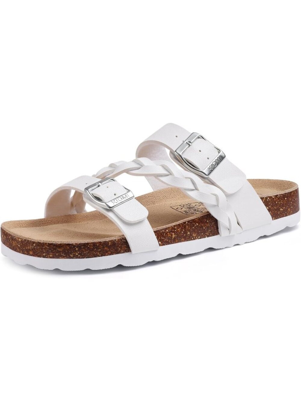 Women's White Slide Flat Sandals Cork Footbed Slip-On Adjustable Buckle Shoes
